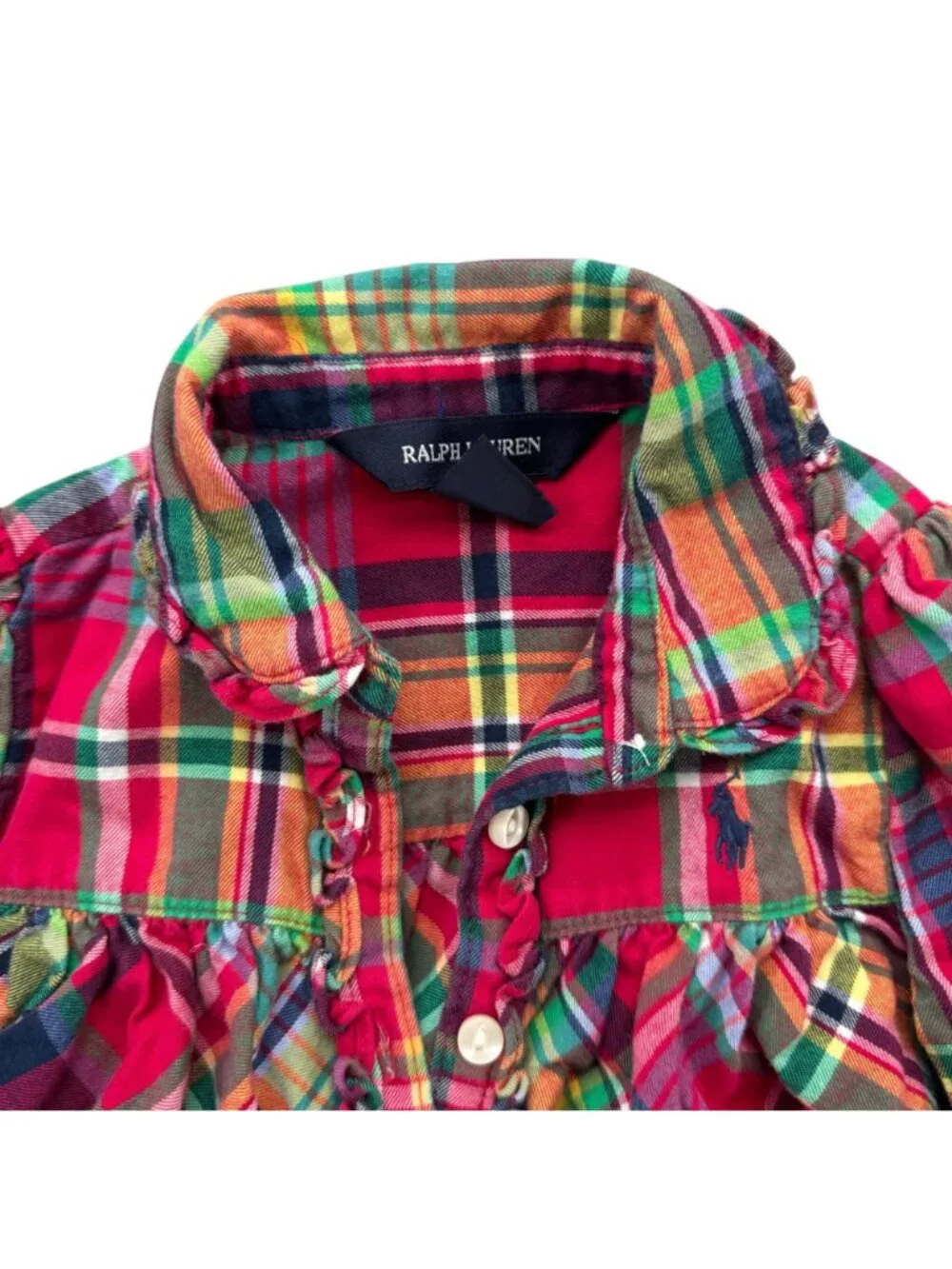 Ralph Lauren Plaid Peplum Top Girls Red Green Button Front Long Sleeve Size 18M